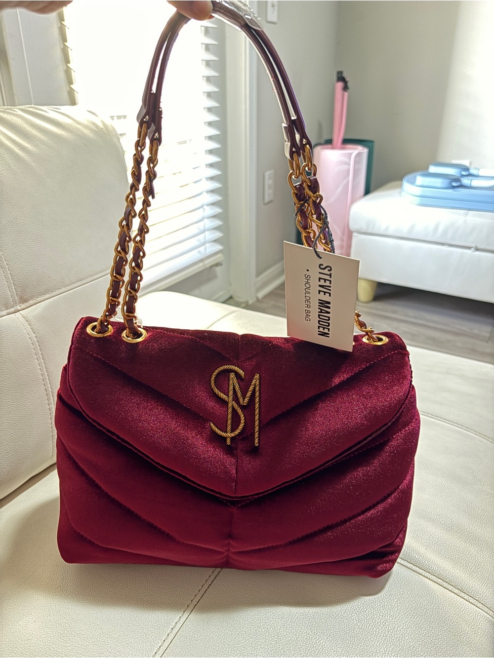 Steve Madden Wine Red Velvet Shoulder Bag with Gold Chain
